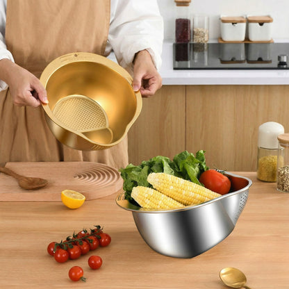 Person using a gold colander over a silver bowl filled with vegetables on a wooden kitchen counter.
