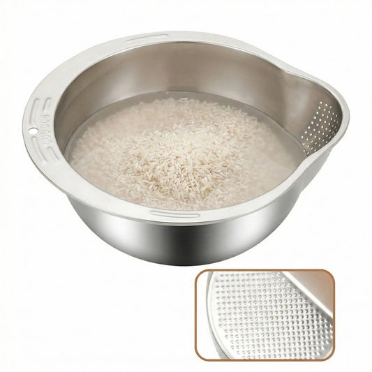 A stainless steel rice washer and strainer bowl shown on a white background, with a small inset close-up of the perforated interior surface.