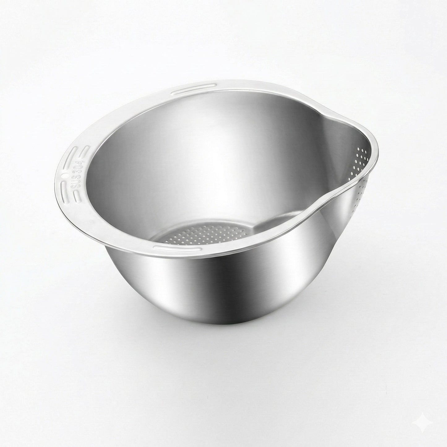 Stainless steel colander on a white background