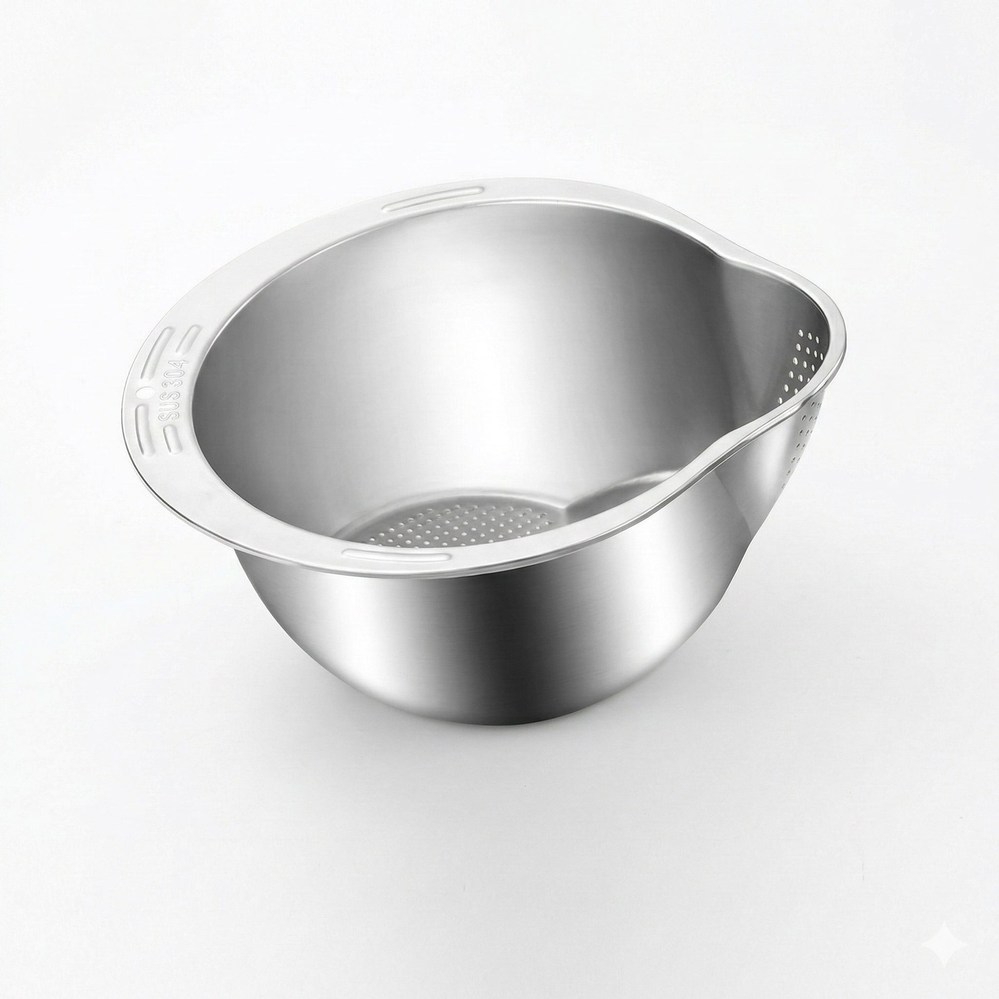 Stainless steel colander on a white background