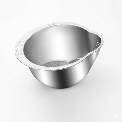 Stainless steel colander on a white background