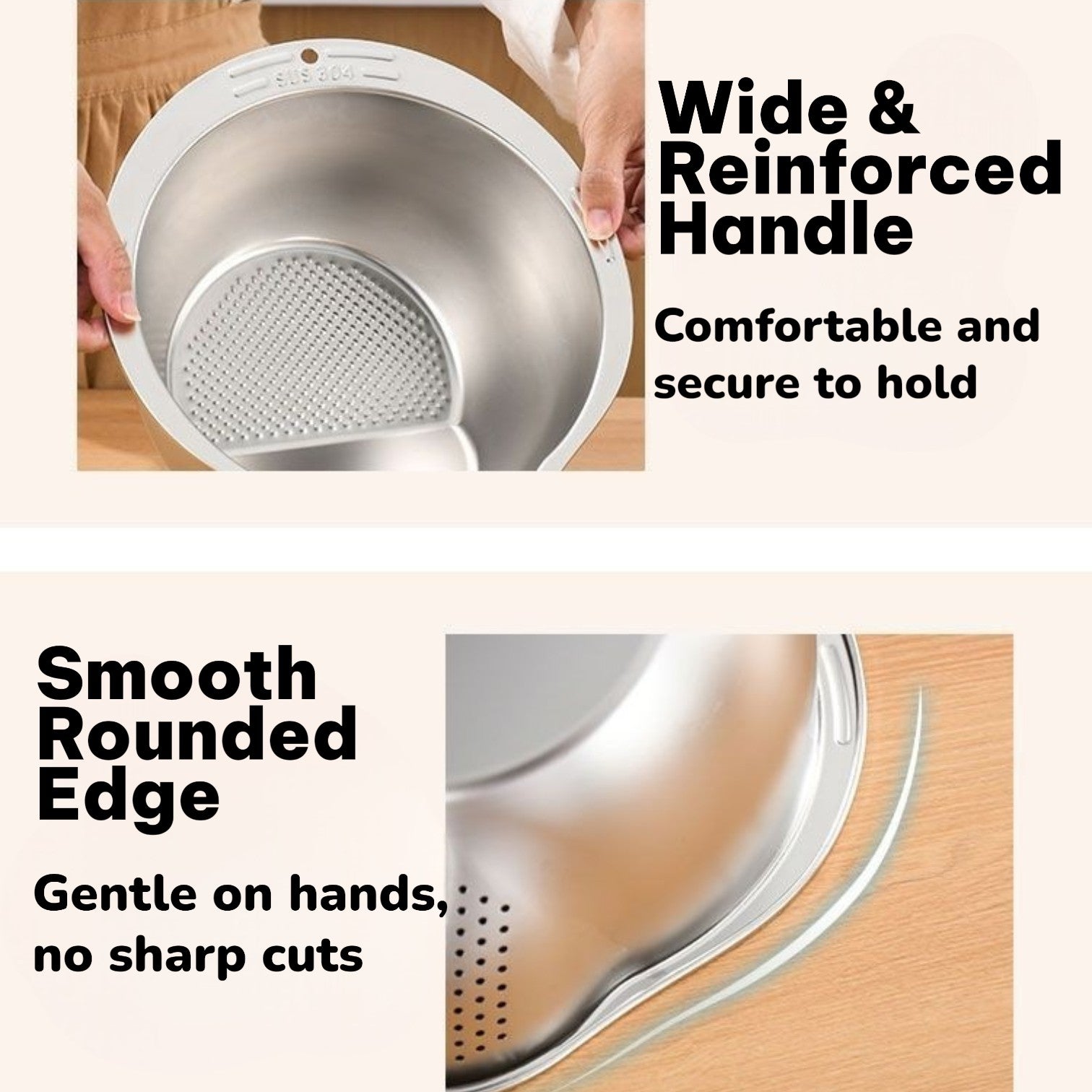 Metal strainer with wide and reinforced handle and smooth rounded edge on a wooden surface.