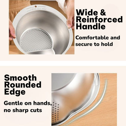 Metal strainer with wide and reinforced handle and smooth rounded edge on a wooden surface.