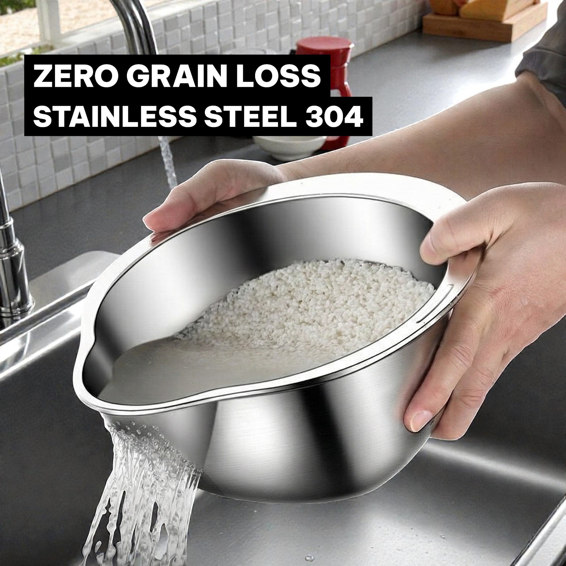 Person holding a stainless steel colander over a sink with rice being drained.