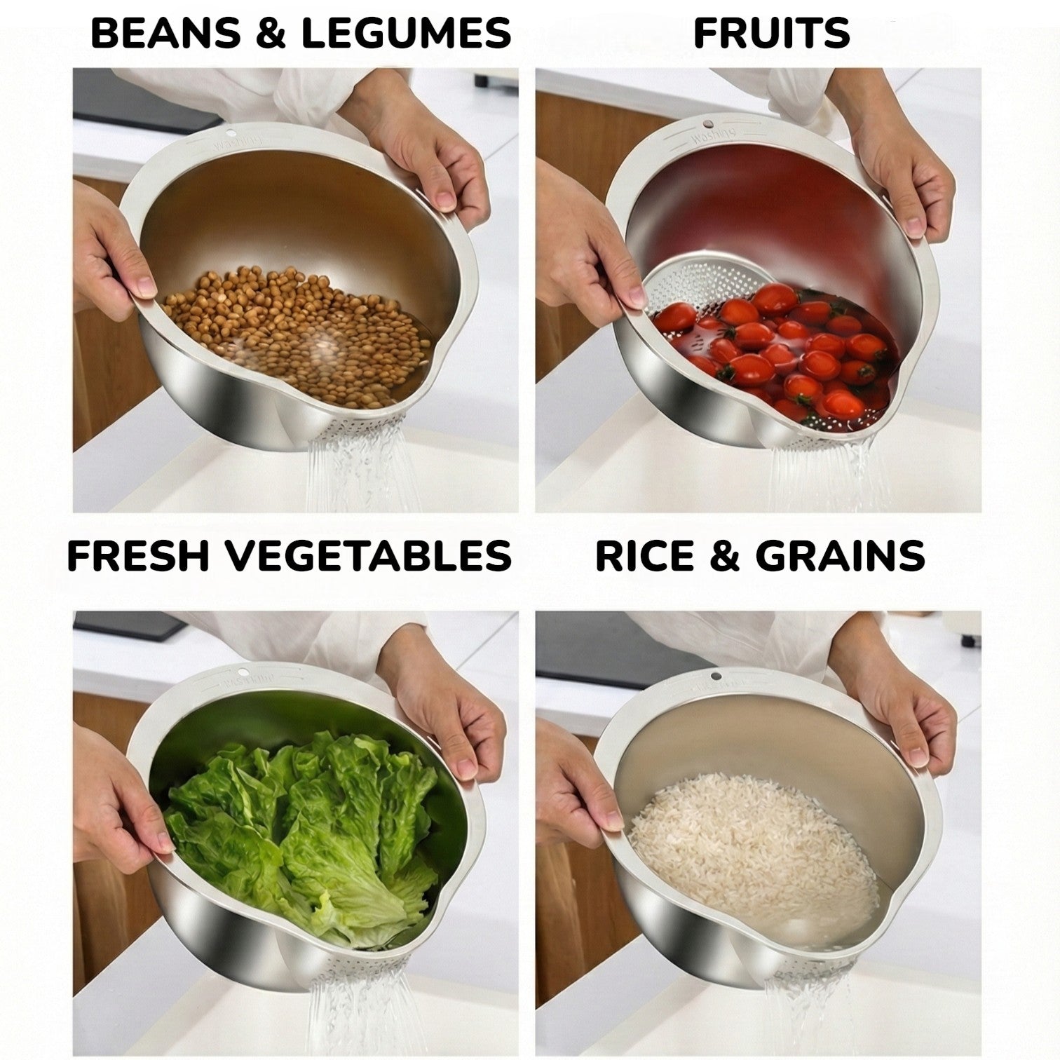 Collage of a person using a colander to WASH A different food categories including beans, fruits, vegetables, and grains.