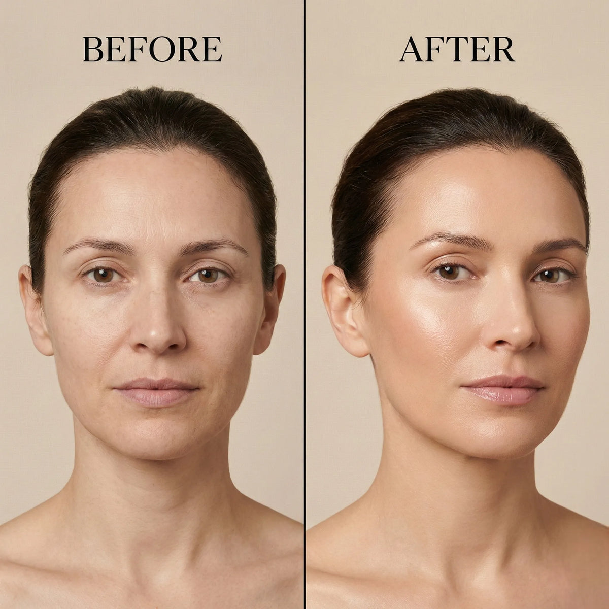 A side-by-side before and after comparison of a woman's face, showing a skincare or makeup result on a plain beige background with the words BEFORE and AFTER at the top.