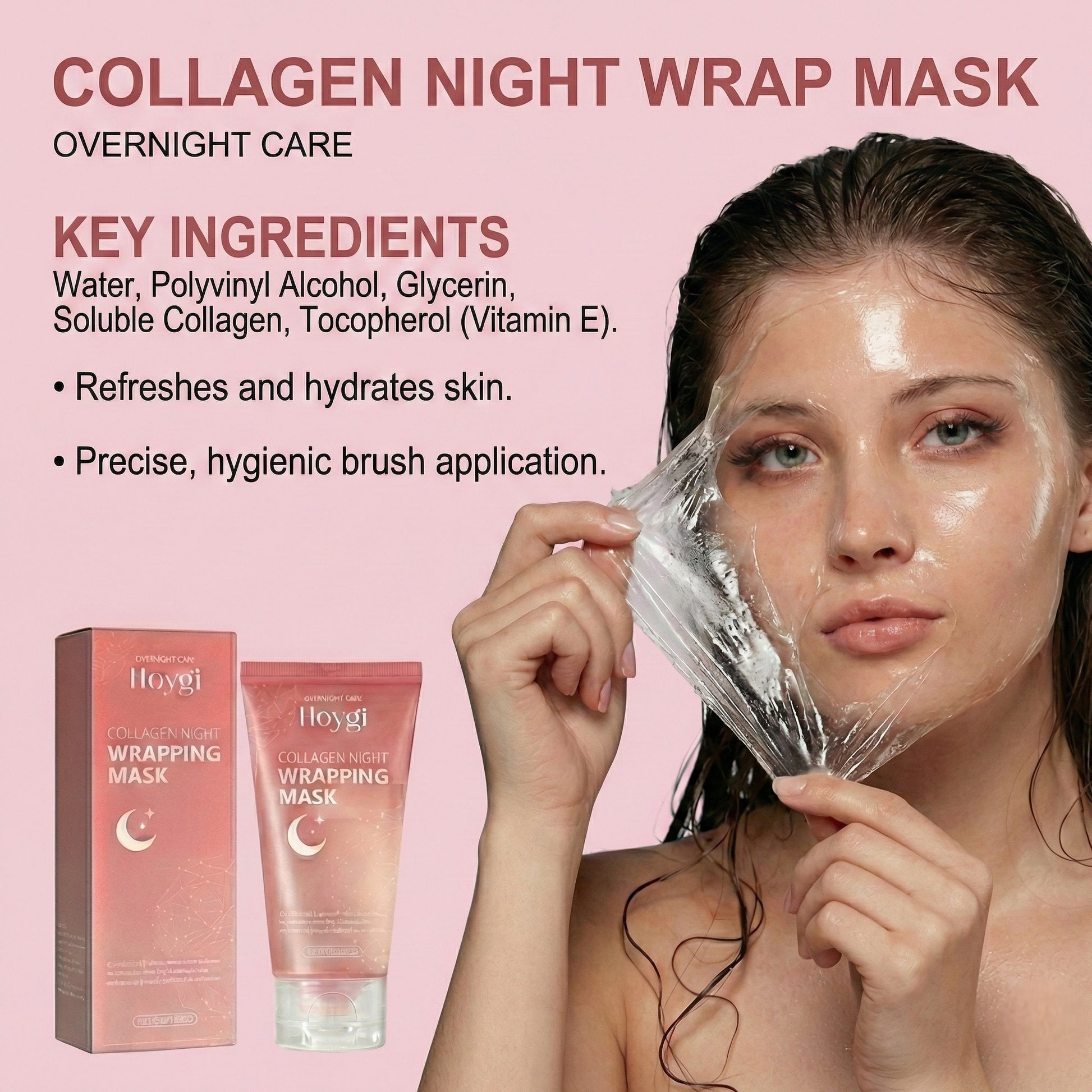 Collagen night wrap mask with a woman applying it, on a pink background