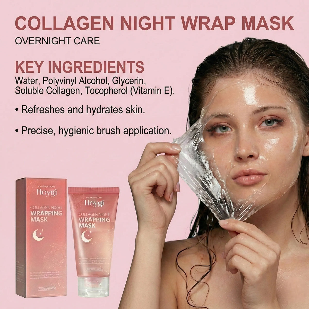 A woman applies a transparent collagen night wrap mask to her face against a pink background, with product packaging and a tube of Hyogi Collagen Night Wrap Mask shown on the left. Text highlights key ingredients and benefits.