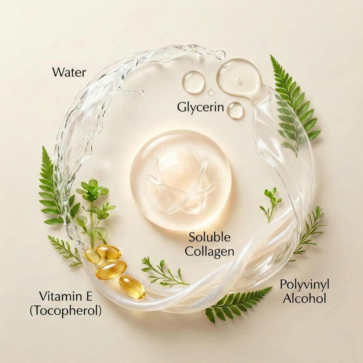 A circular arrangement of clear cosmetic ingredients on a warm beige background, with labels reading Water, Glycerin, Soluble Collagen, Vitamin E (Tocopherol), and Polyvinyl Alcohol. Green leaves and translucent droplets surround a central clear gel sphere.