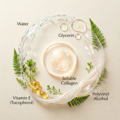 A circular arrangement of clear cosmetic ingredients on a warm beige background, with labels reading Water, Glycerin, Soluble Collagen, Vitamin E (Tocopherol), and Polyvinyl Alcohol. Green leaves and translucent droplets surround a central clear gel sphere.