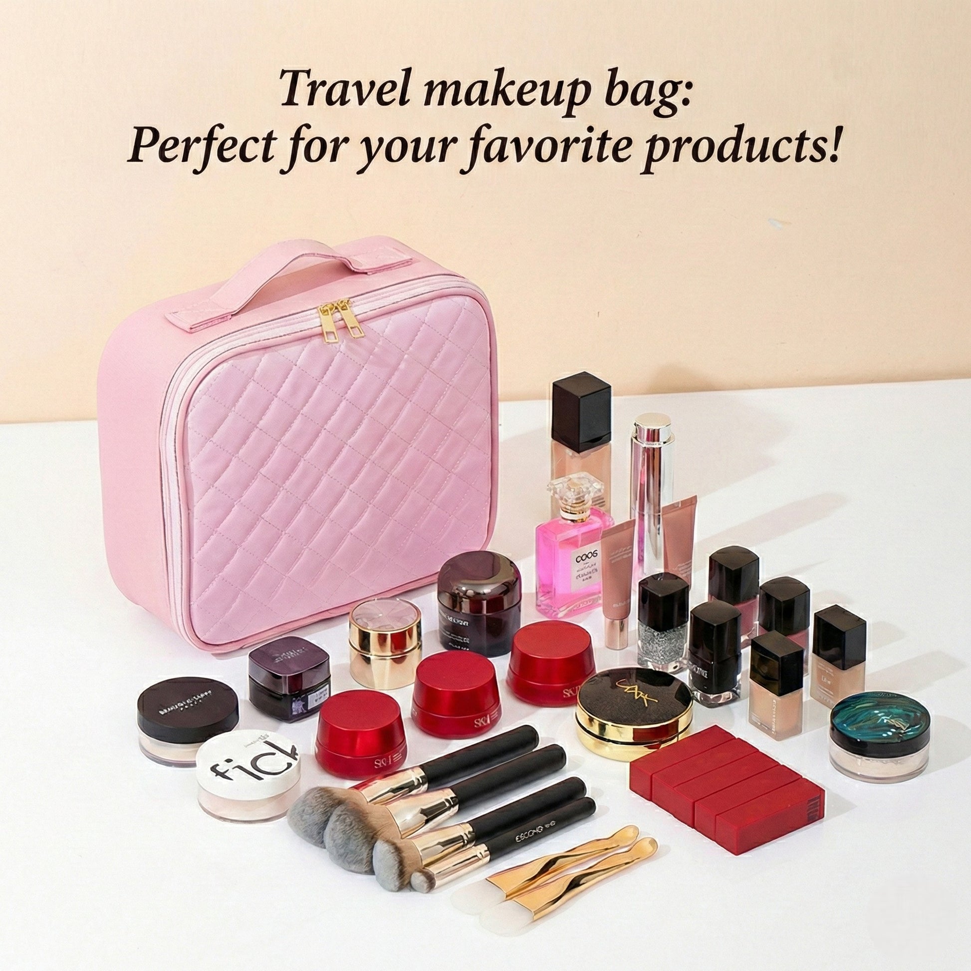 Pink travel makeup bag with various cosmetic products on a white surface.