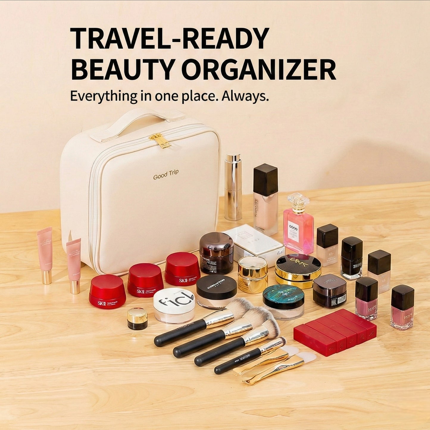 Travel-ready beauty organizer with various cosmetic items on a wooden surface.