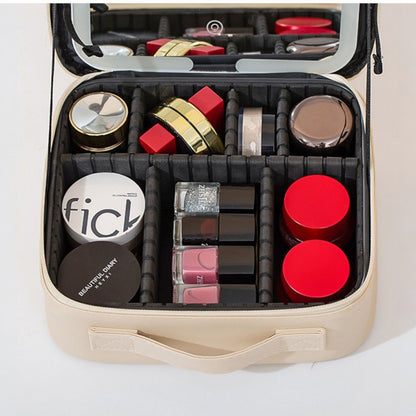 Makeup case with various cosmetic items including lipsticks and a compact mirror.