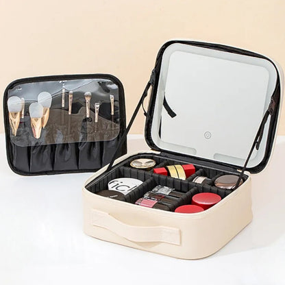 Makeup case with makeup items and brushes on a beige background