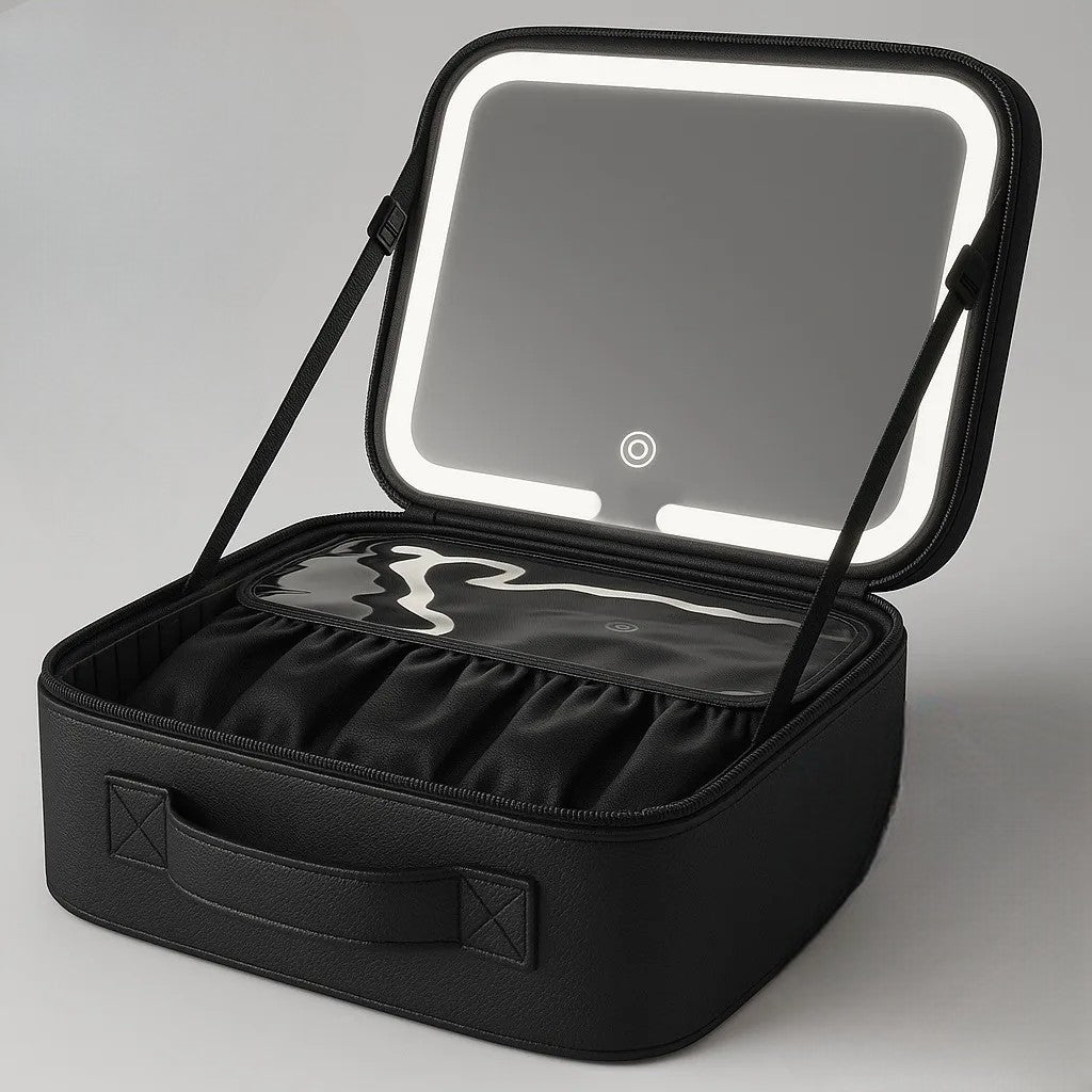 Black makeup case with a mirror on a gray background