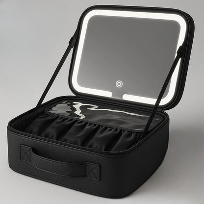 Black makeup case with a mirror on a gray background