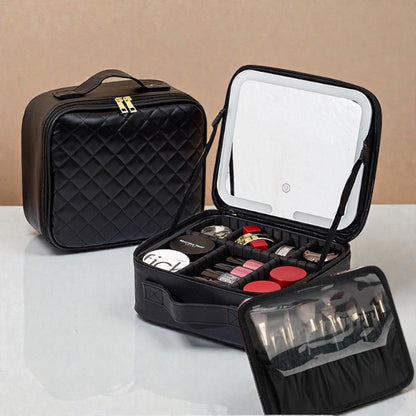 Black quilted makeup case with open lid showing various cosmetic items on a beige background.