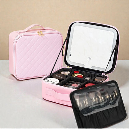 Pink makeup case with open lid showing various cosmetic items on a beige background