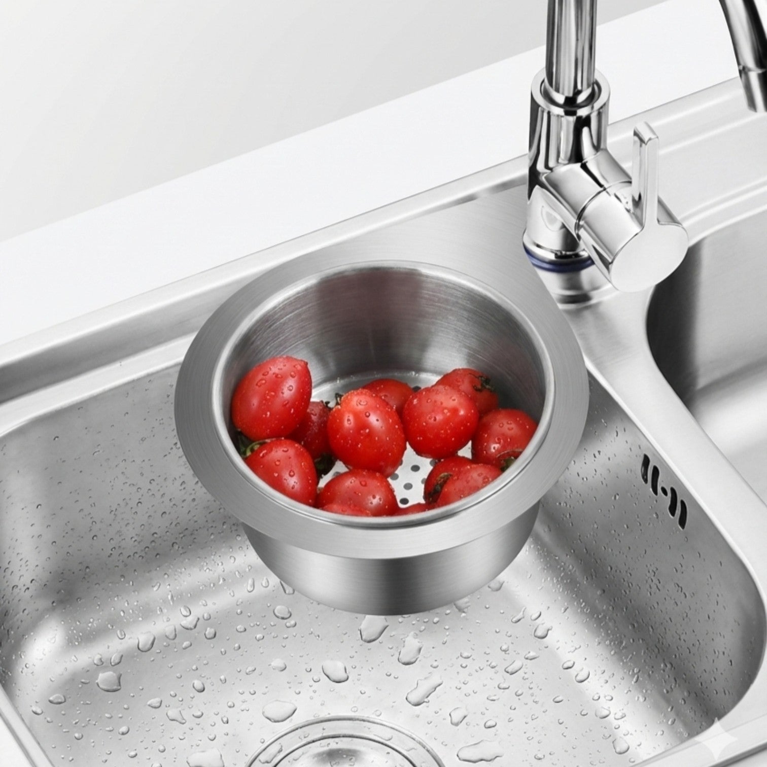 Stainless steel sink with a colander containing tomatoes under a faucet.