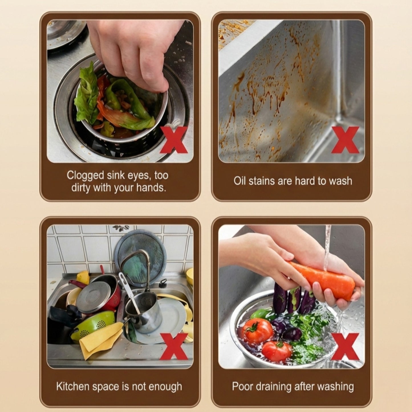 Four images showing issues with kitchen sinks and solutions, with a beige background.