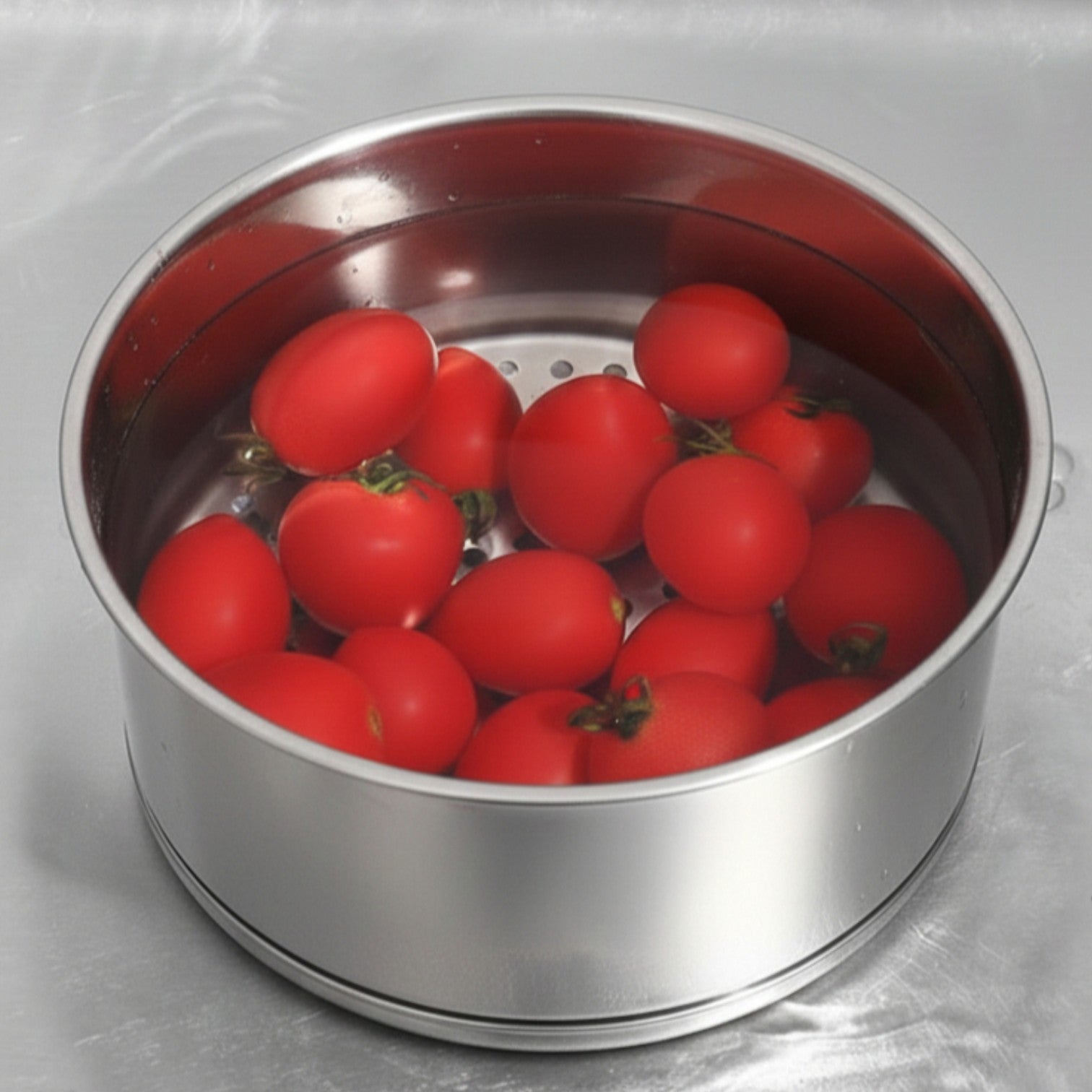 Red tomatoes in a metal steamer basket on a gray background