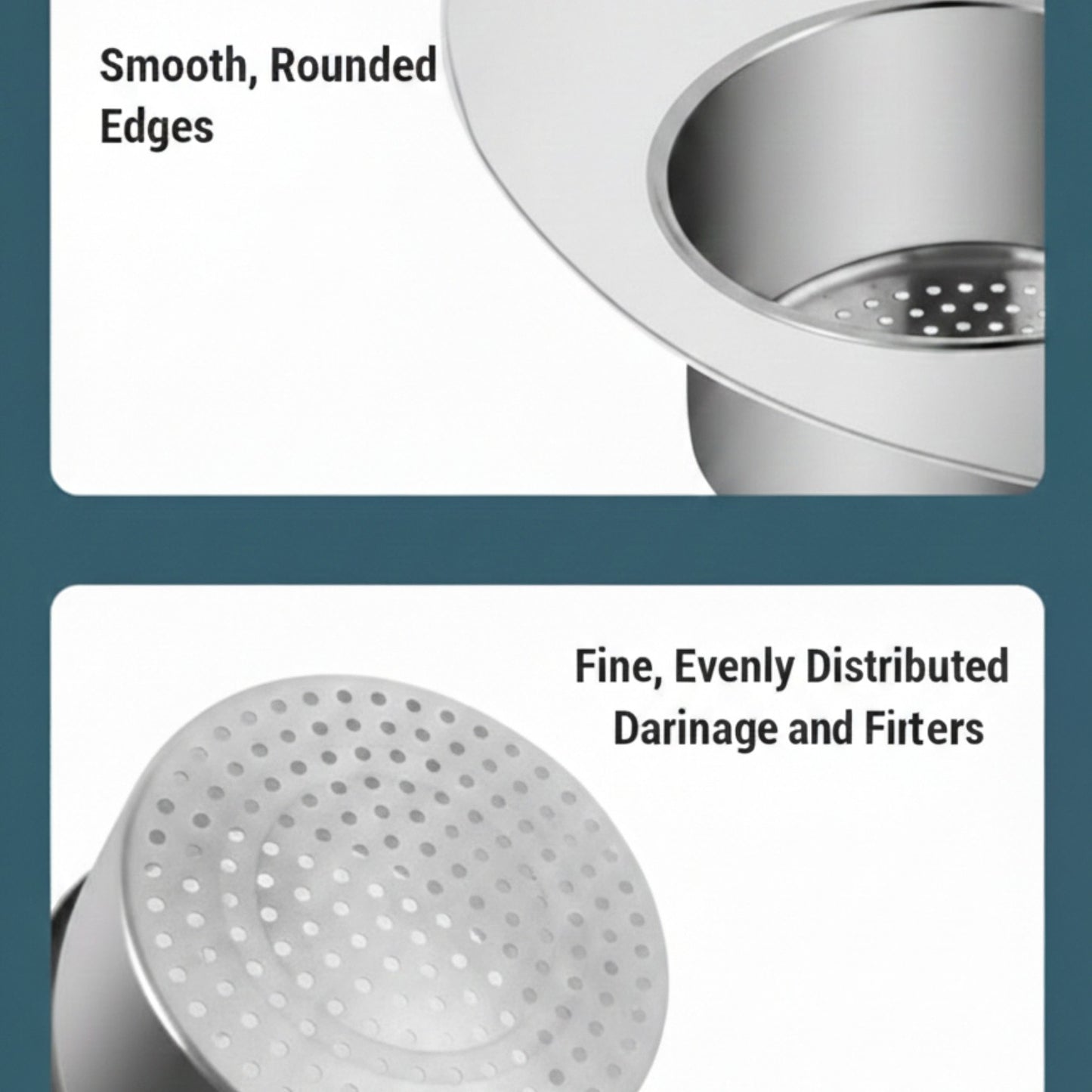 Shower head with smooth rounded edges and fine distribution of water, on a blue background.