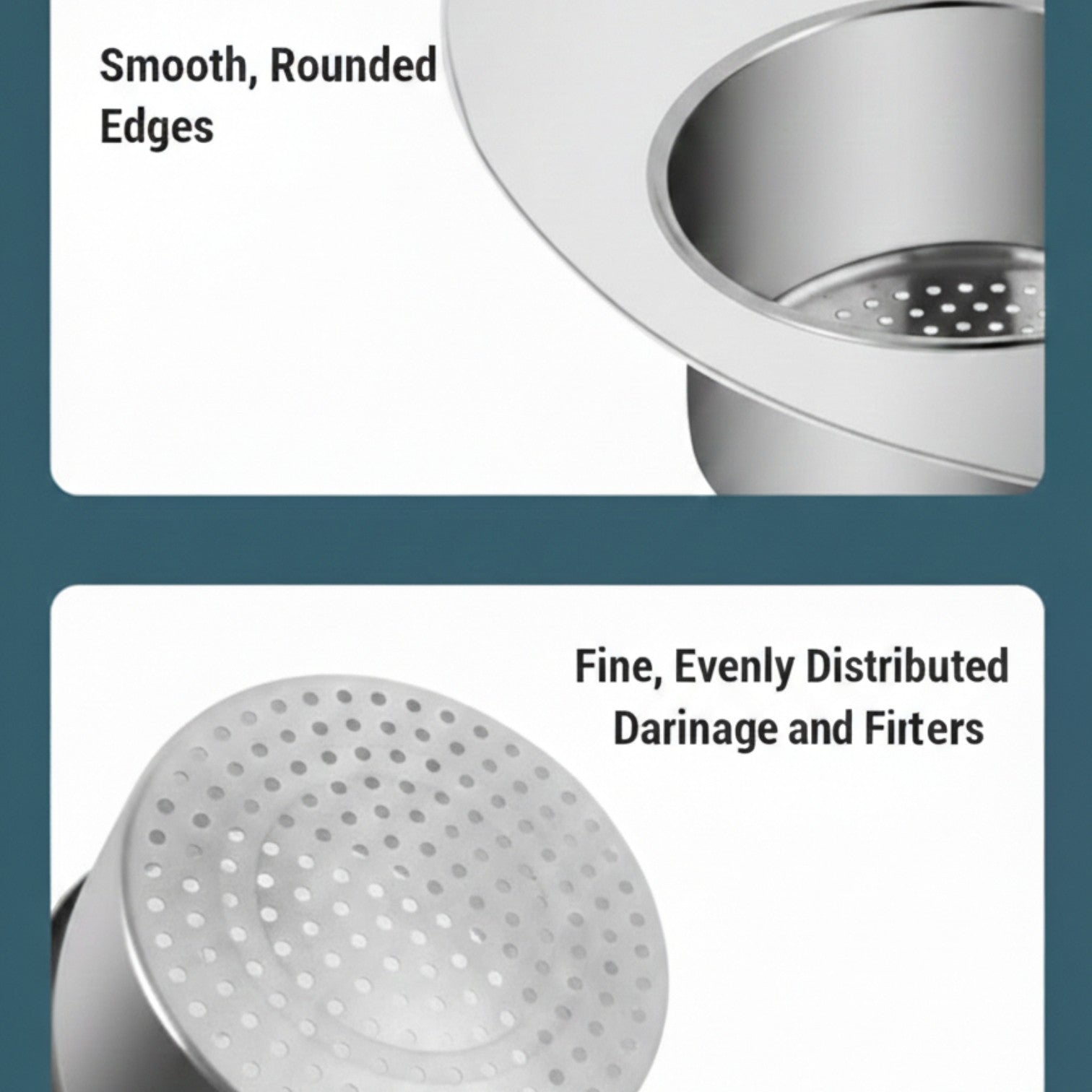 Shower head with smooth rounded edges and fine distribution of water, on a blue background.