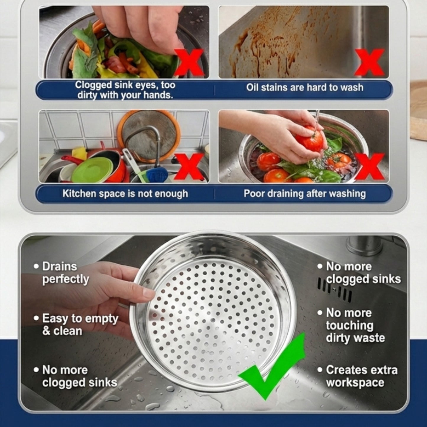 Product advertisement showing a kitchen sink with a strainer and text highlighting its benefits.