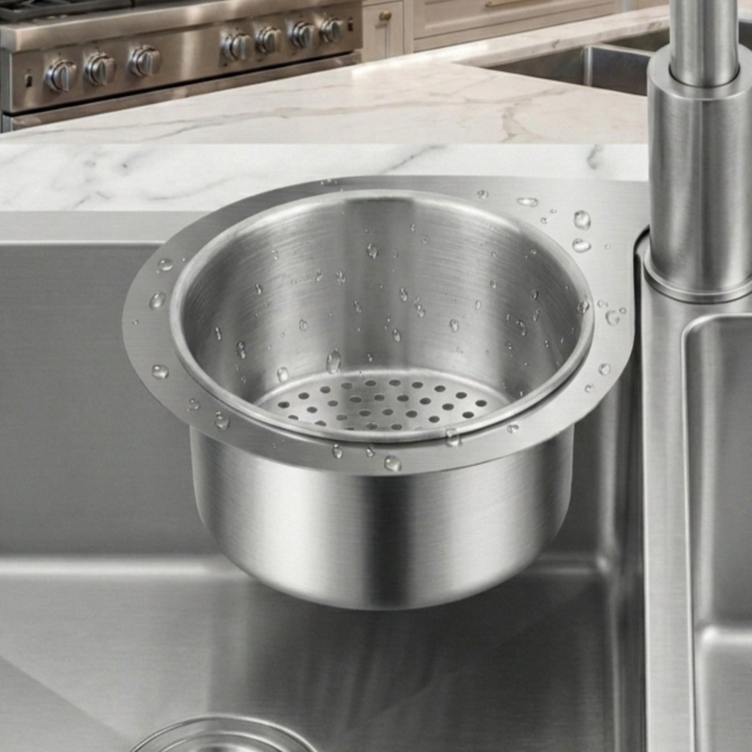 Stainless steel kitchen sink with strainer in a modern kitchen setting