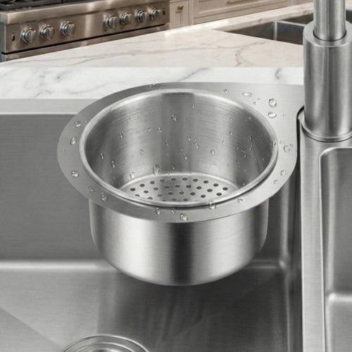 Stainless steel kitchen sink with strainer in a modern kitchen setting