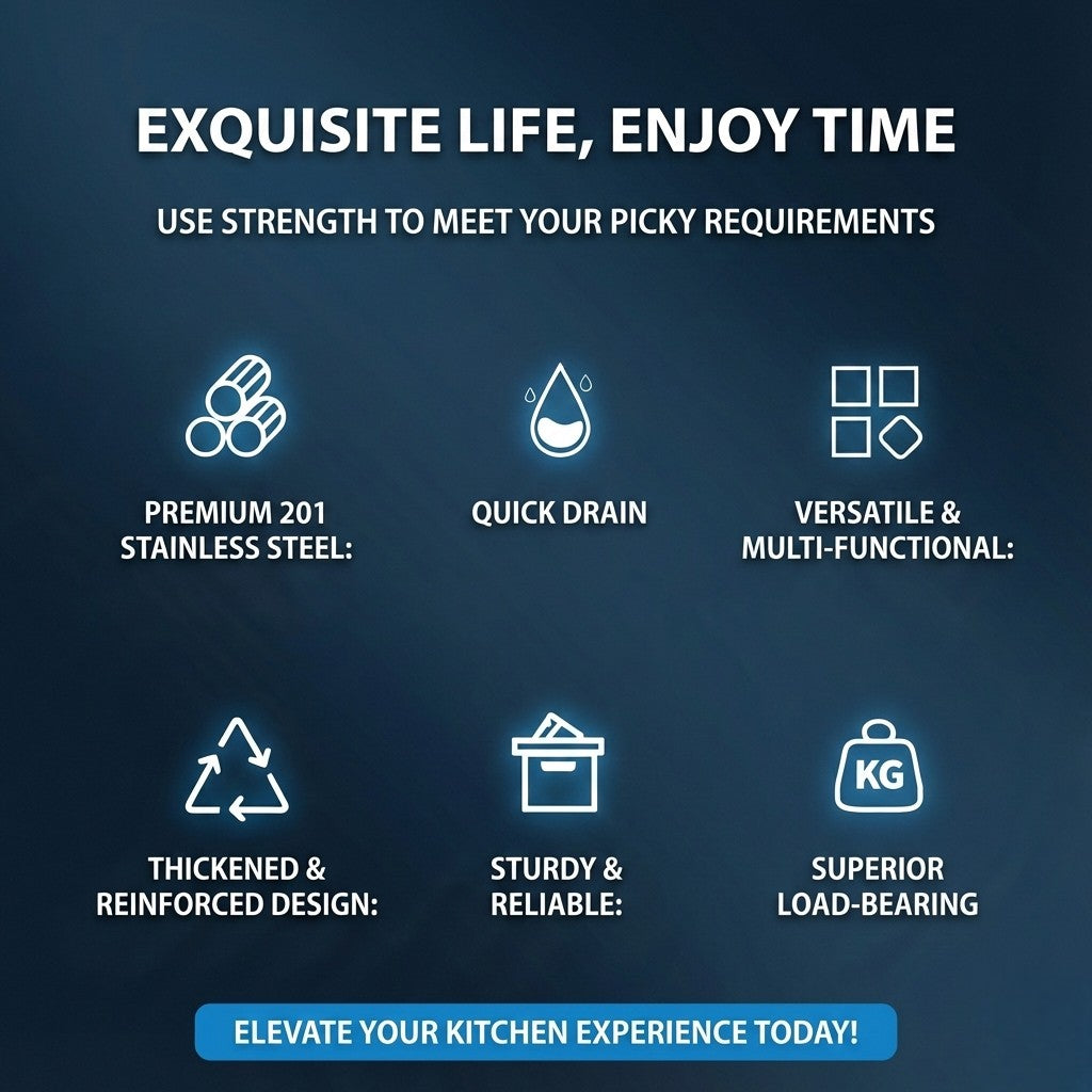 Product feature list with icons and text on a dark blue background