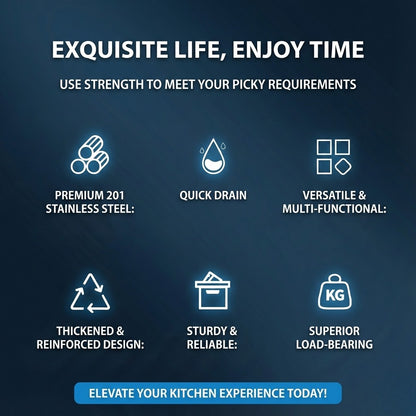 Product feature list with icons and text on a dark blue background