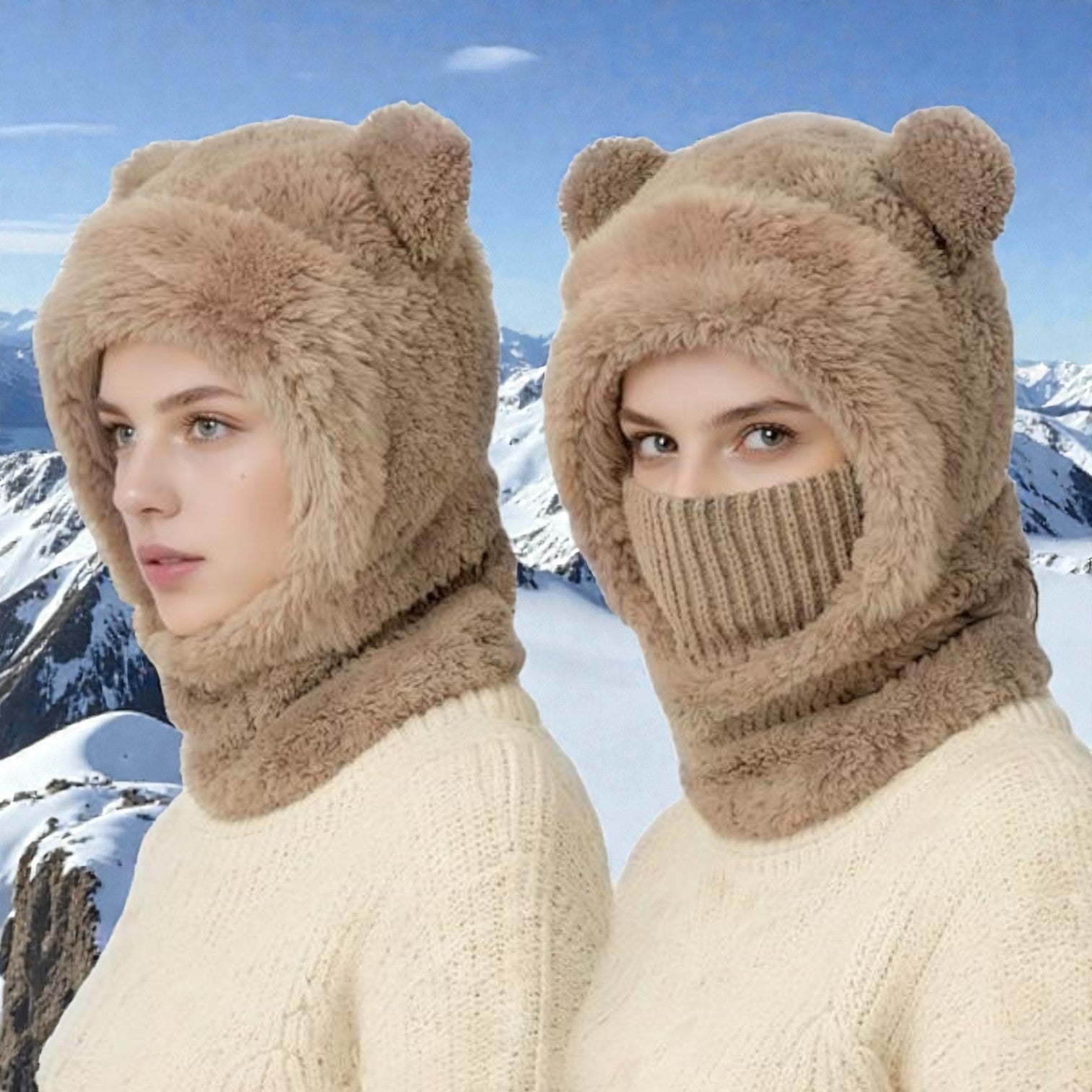 Two images of a person wearing a brown bear-themed knitted hat and scarf in a snowy landscape.