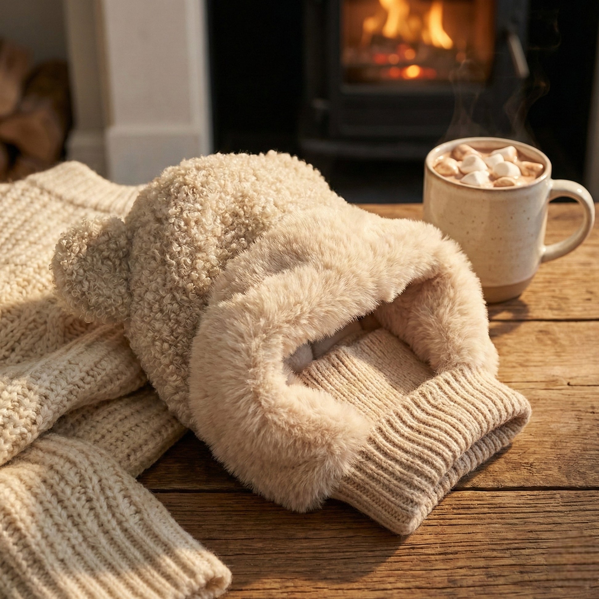 Cozy scene with a beige sweater, gloves, and a mug of hot chocolate in front of a fireplace.