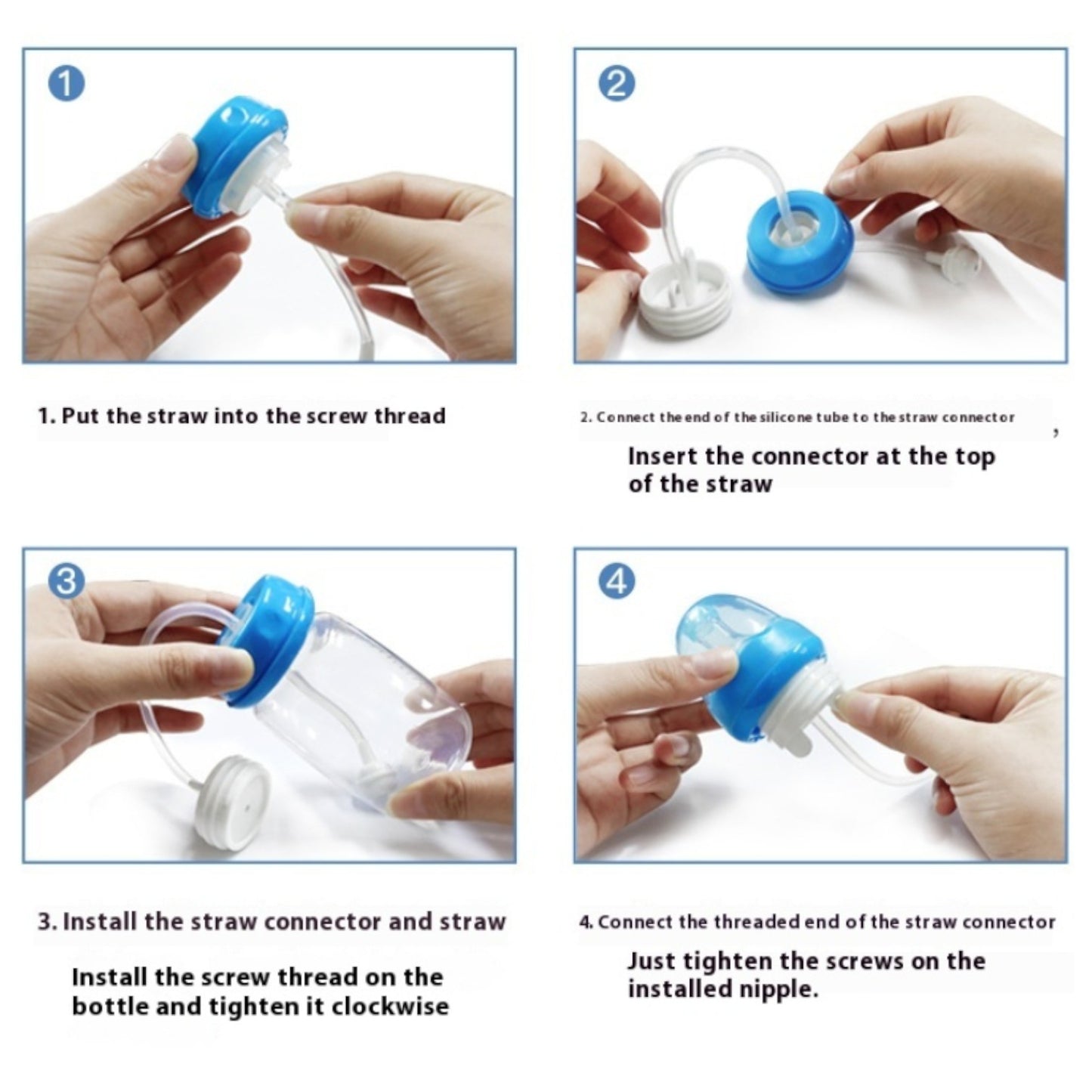 Step-by-step assembly instructions for a straw and bottle connector system.