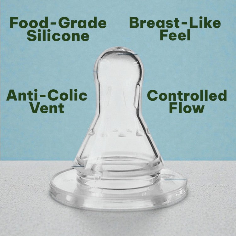Clear baby bottle nipple with text highlighting features on a light blue background
