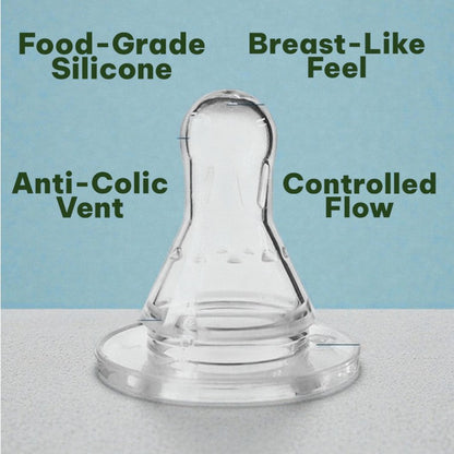 Clear baby bottle nipple with text highlighting features on a light blue background