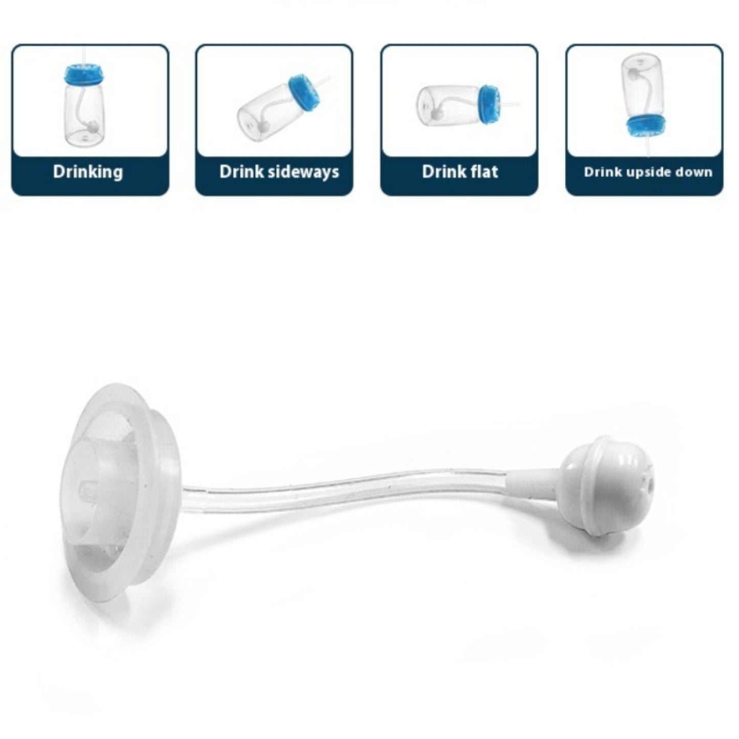 Bottle with a flexible straw attachment and instructions on how to use it.