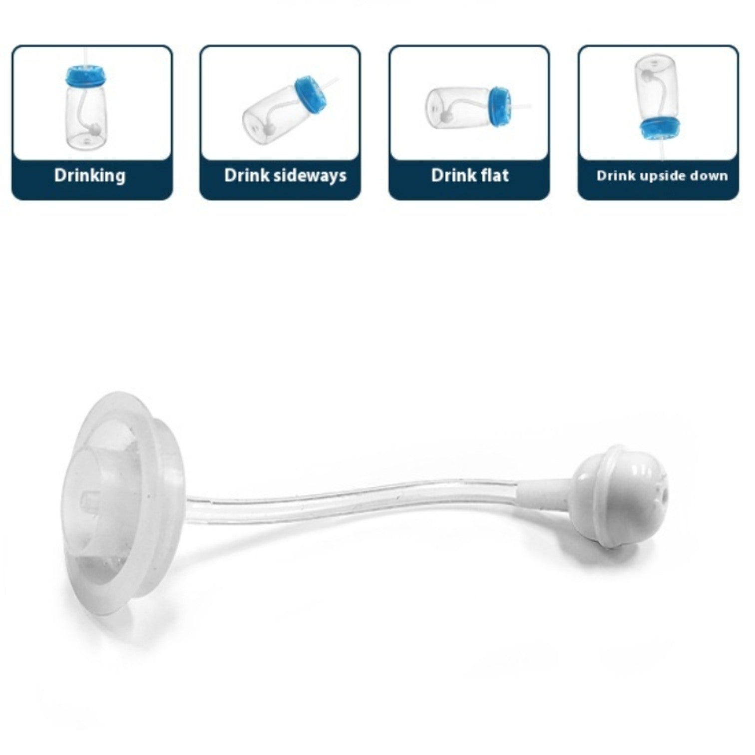 Bottle with a flexible straw attachment and instructions on how to use it.