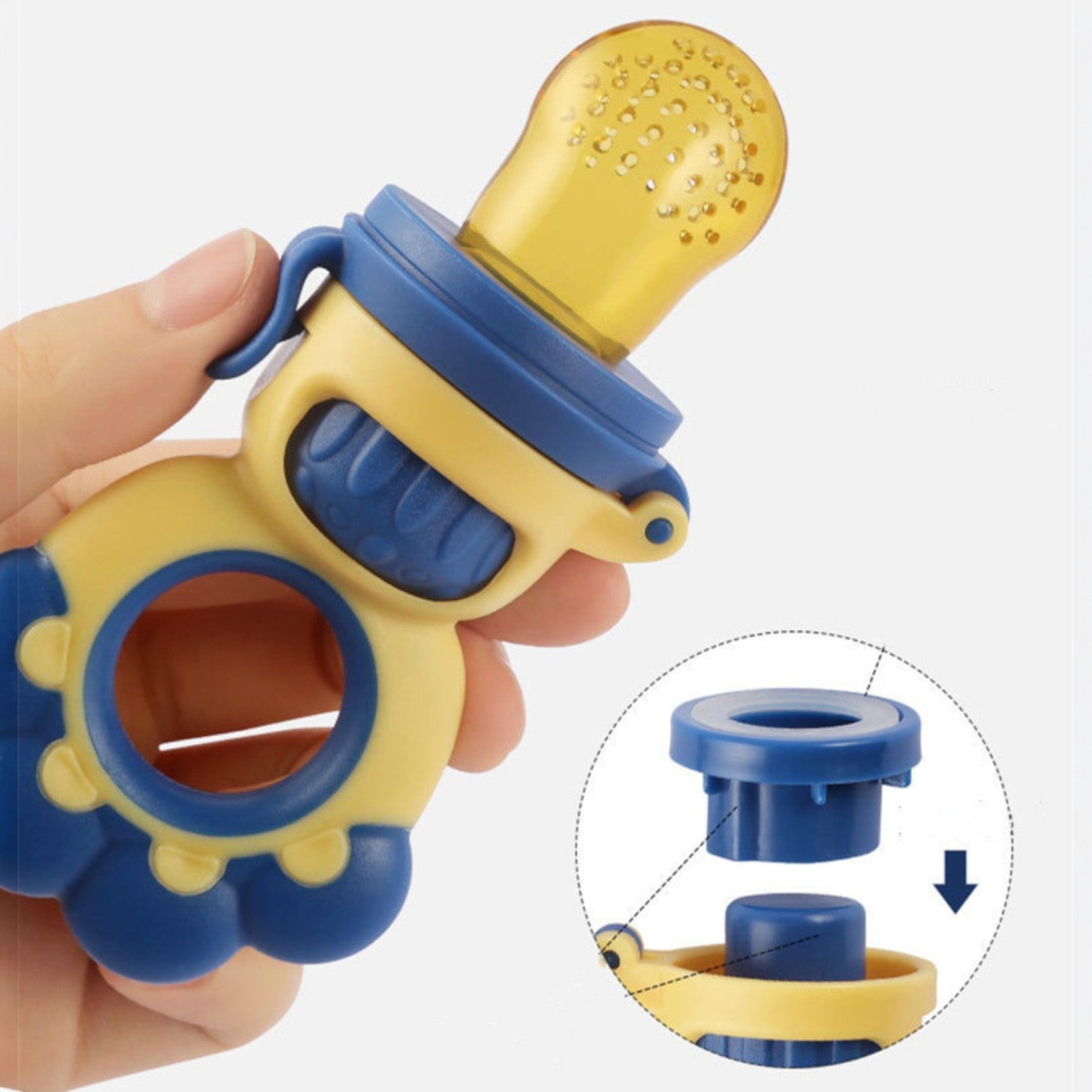 Yellow and blue baby teether held by a hand with close-up inset showing components.
