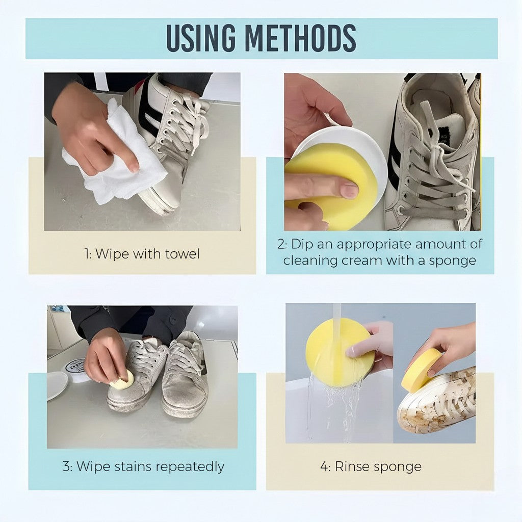 Step-by-step guide on cleaning shoes with text and images.