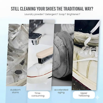 Collage of shoe cleaning methods with text questioning traditional shoe cleaning practices.