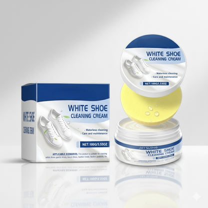 White shoe cleaning cream with packaging on a gray background