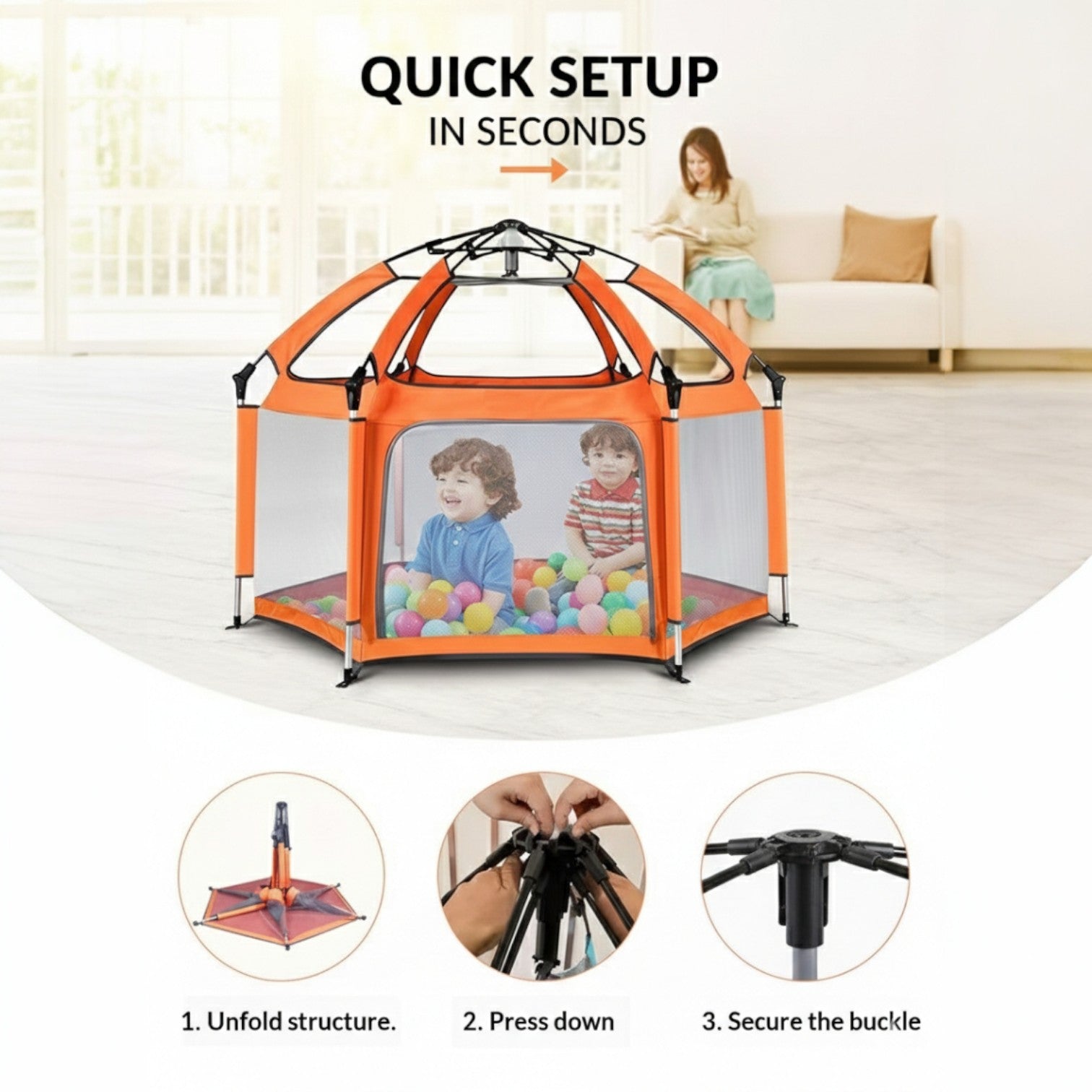 Orange playpen with children inside, set up quickly in a living room.