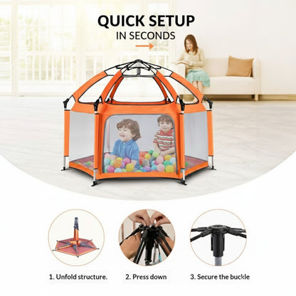 Orange playpen with children inside, set up quickly in a living room.