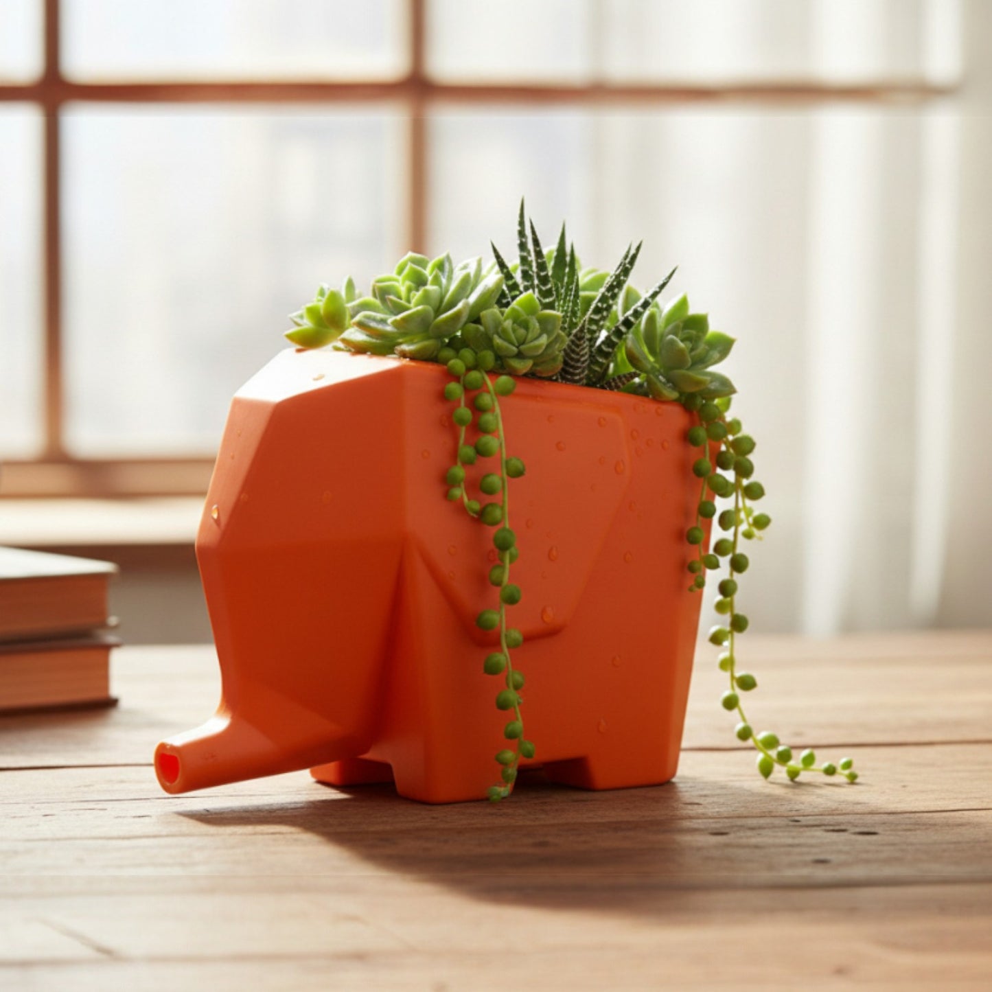 Orange elephant-shaped planter with succulents on a wooden surface