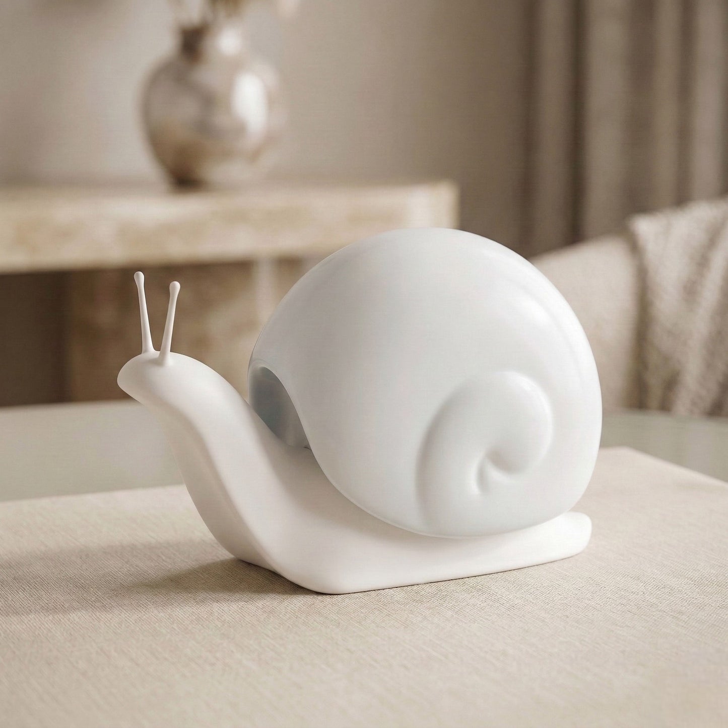 White ceramic snail sculpture on a beige surface with a blurred background