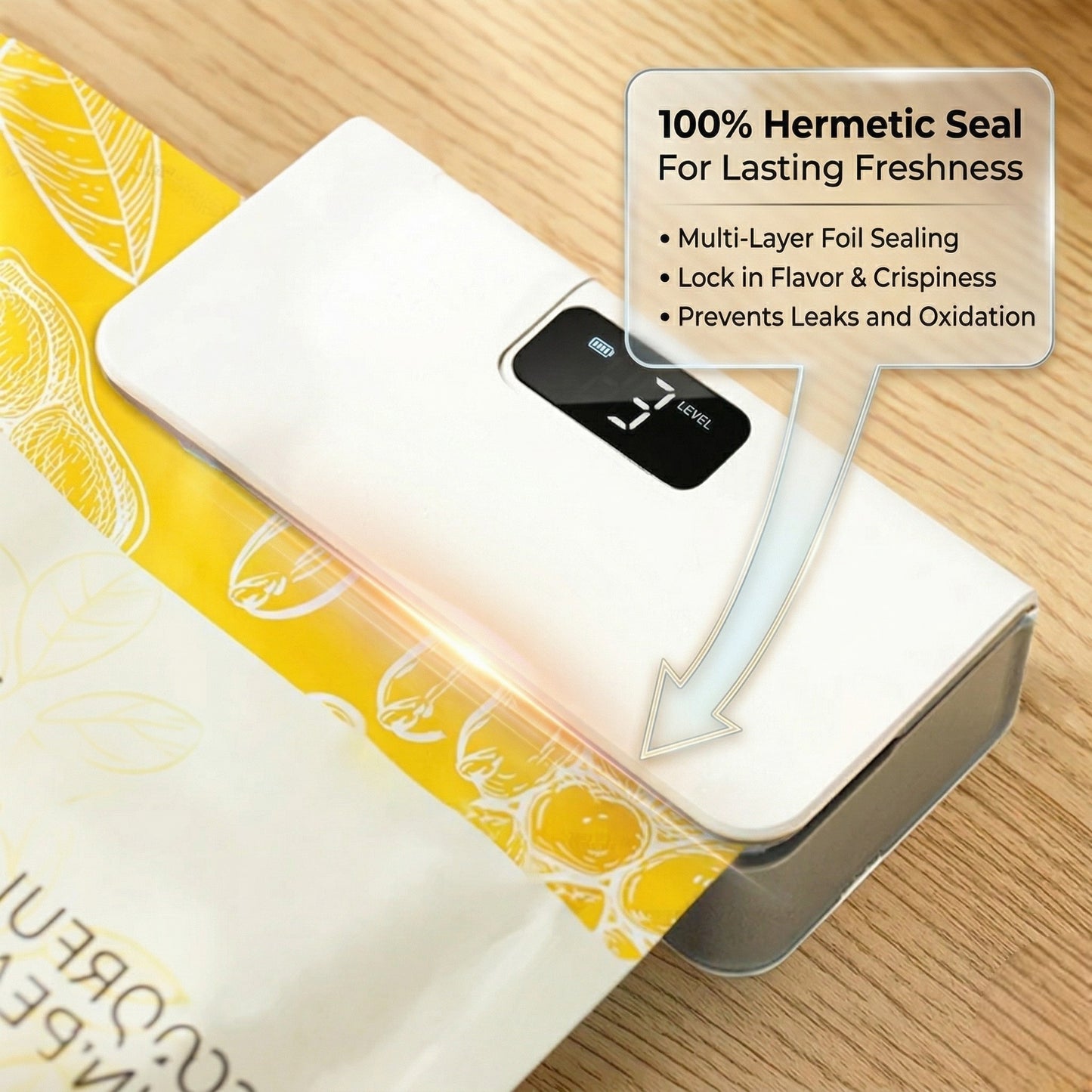 White electronic device with digital display on a wooden surface, showing '100% Hermetic Seal' text.