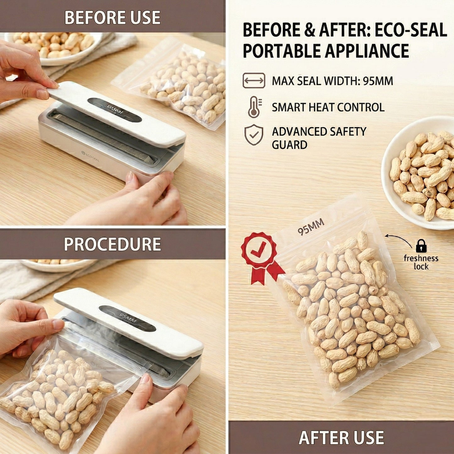 Eco-seal portable appliance packaging showing before, during, and after use with peanuts.