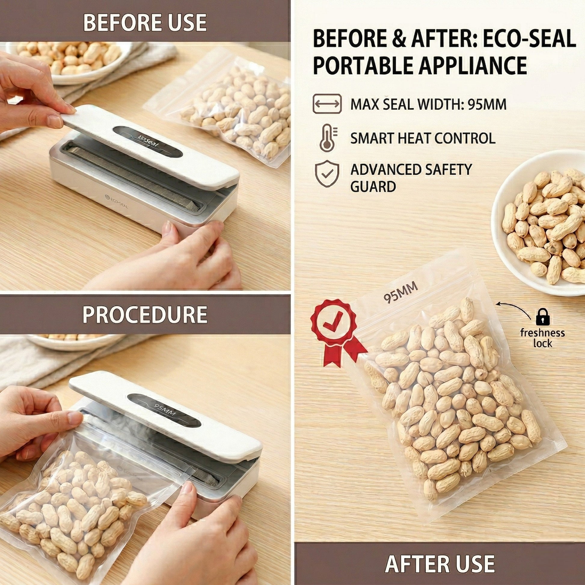 Eco-seal portable appliance packaging showing before, during, and after use with peanuts.